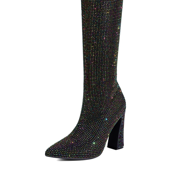 Rhinestone Embellished Knitted Knee-High Boots - BLACK RHINESTONE - 4