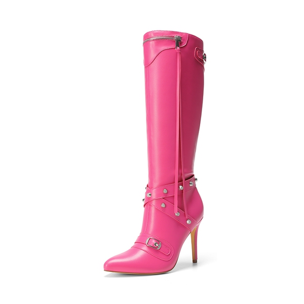 Studded Cross-over Strap Stiletto Heel Boots - HOT PINK -  0