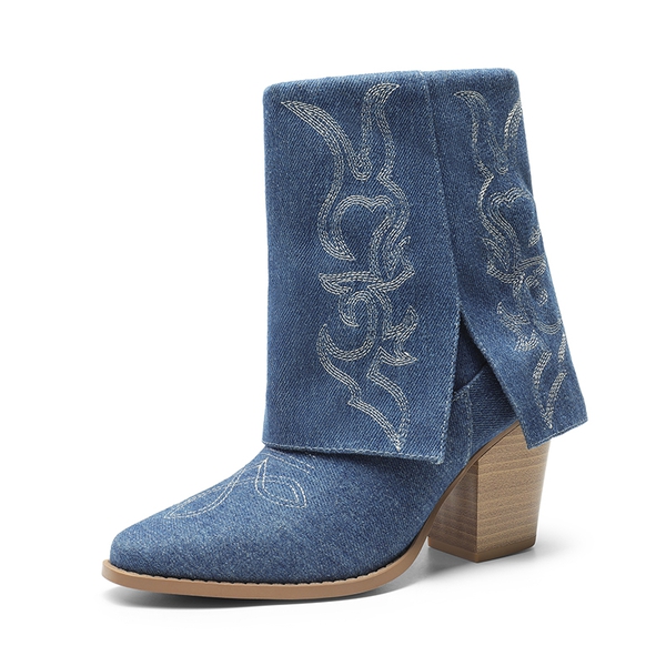 Fold Over Cuff Denim Cowgirl Boots - DENIM BLUE -  0