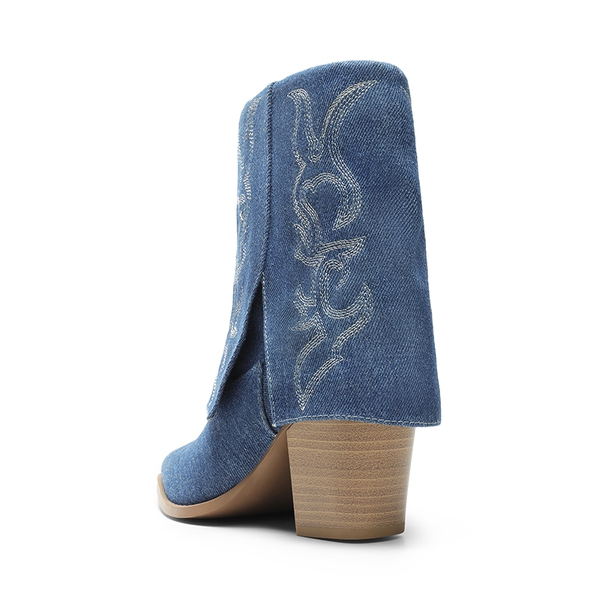 Fold Over Cuff Denim Cowgirl Boots - DENIM BLUE - 3