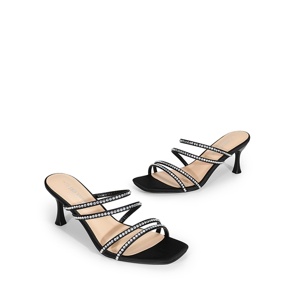 Square Toe Strappy Heel Sandals - BLACK-RHINESTONE - 7