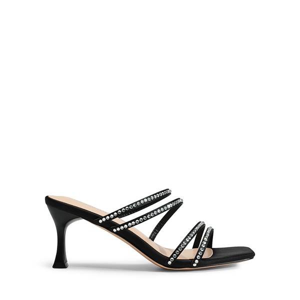 Square Toe Strappy Heel Sandals - BLACK-RHINESTONE - 4