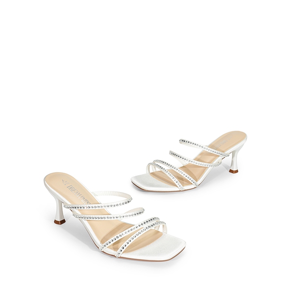 Square Toe Strappy Heel Sandals - WHITE-RHINESTONE - 7