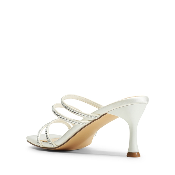 Square Toe Strappy Heel Sandals - WHITE-RHINESTONE - 5