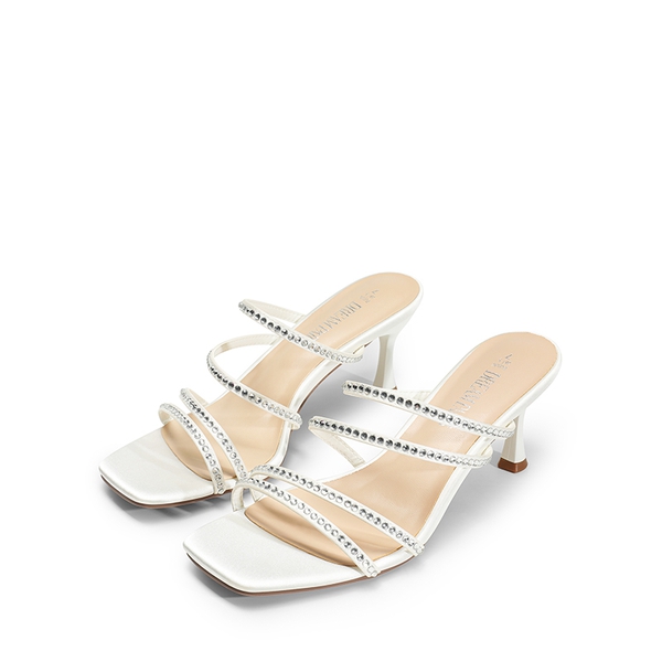 Square Toe Strappy Heel Sandals - WHITE-RHINESTONE - 6