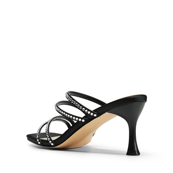 Square Toe Strappy Heel Sandals - BLACK-RHINESTONE - 5