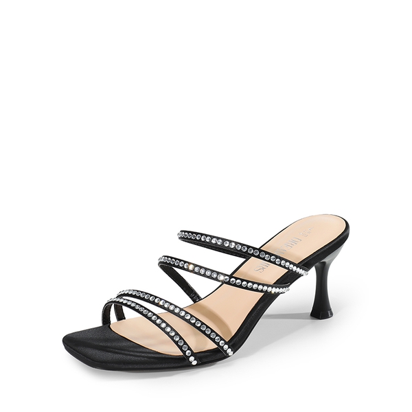 Square Toe Strappy Heel Sandals - BLACK-RHINESTONE -  0