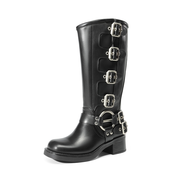 Buckle Straps Square Toe Moto Boots - BLACK -  0