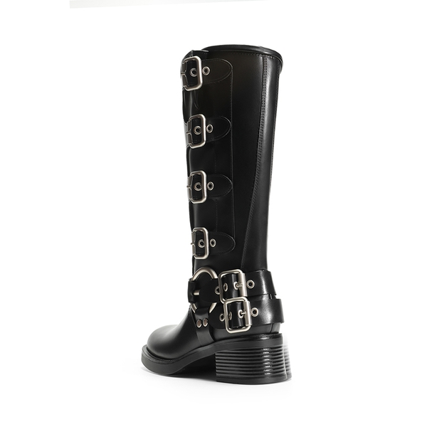 Buckle Straps Square Toe Moto Boots - BLACK - 2