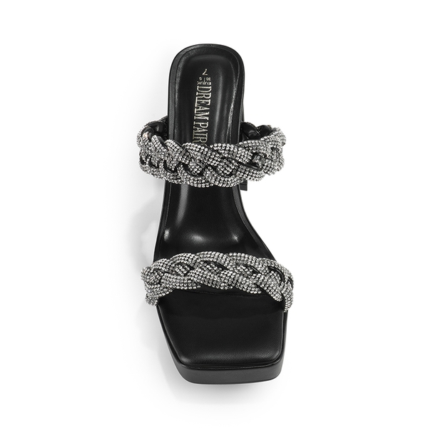 Rhinestone Braided Strap Heel Sandals - BLACK-RHINESTONE - 4