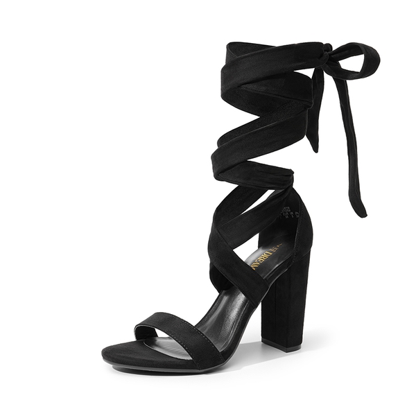 Lace Up Chunky Block Heel Sandals - BLACK-SUEDE -  0