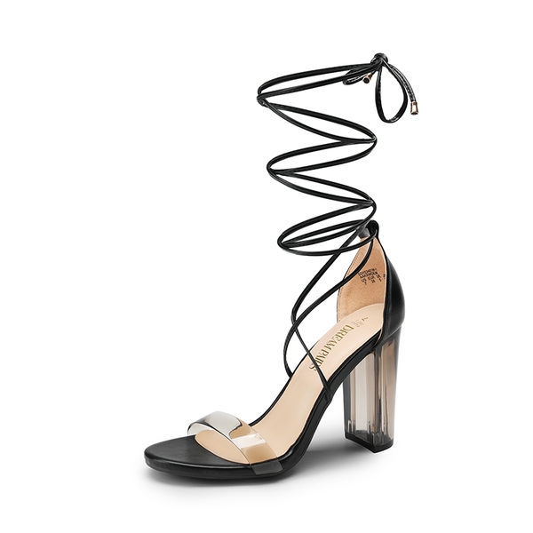 Lace Up Transparent Heel Sandals - BLACK-PU -  0