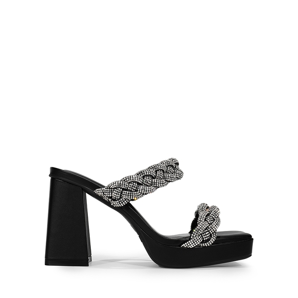 Rhinestone Braided Strap Heel Sandals - BLACK-RHINESTONE - 3