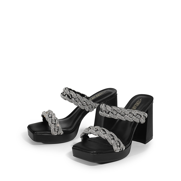 Rhinestone Braided Strap Heel Sandals - BLACK-RHINESTONE - 5