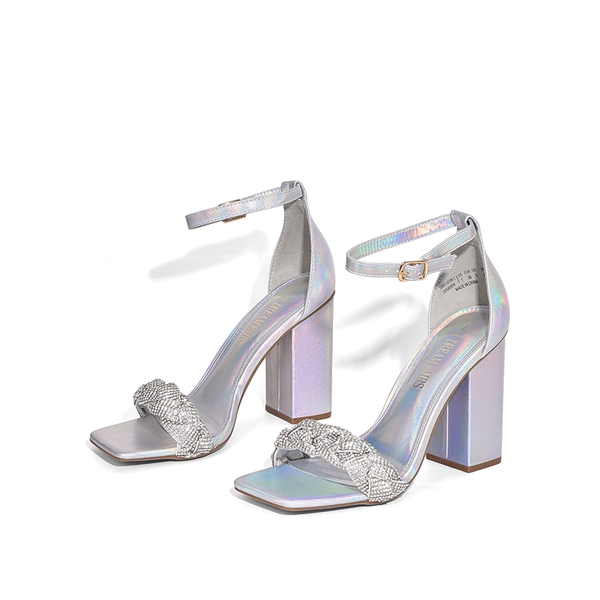 Braided Ankle Strap Block Heel Sandals - SILVER-RHINESTONE - 5