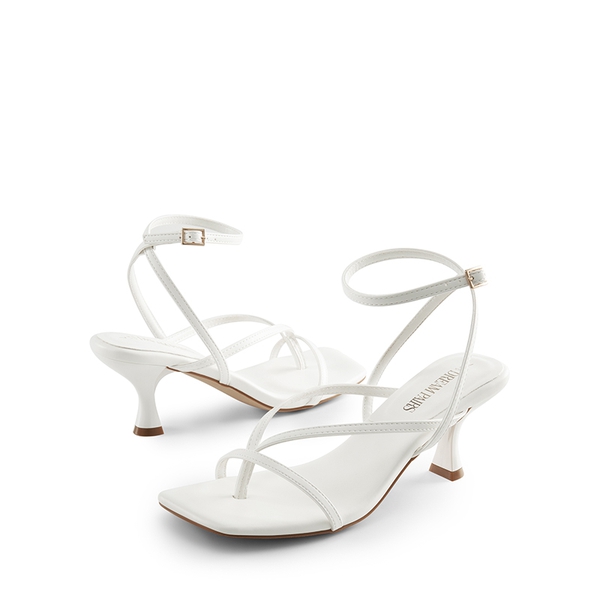 Square Toe Strappy Kitten Heels - WHITE-PU - 4