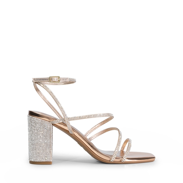 Strappy Chunky Heel Sandals - ROSE GOLD-RHINESTONE - 1
