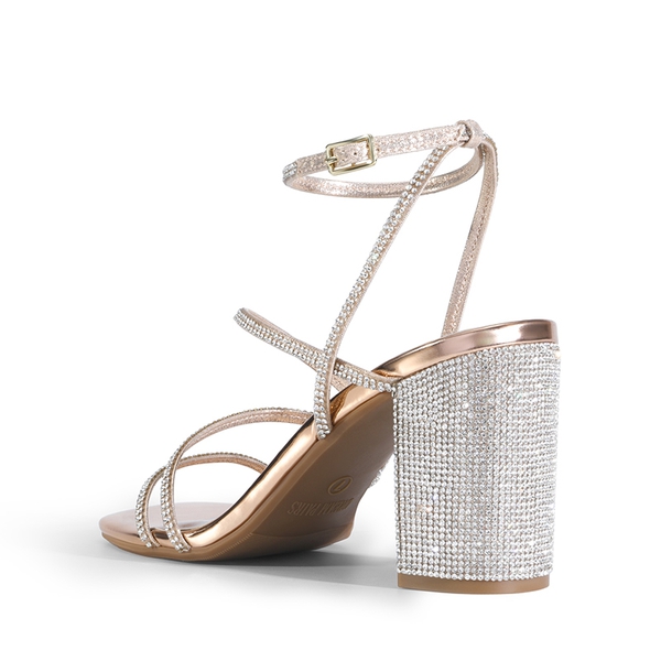 Strappy Chunky Heel Sandals - ROSE GOLD-RHINESTONE - 2