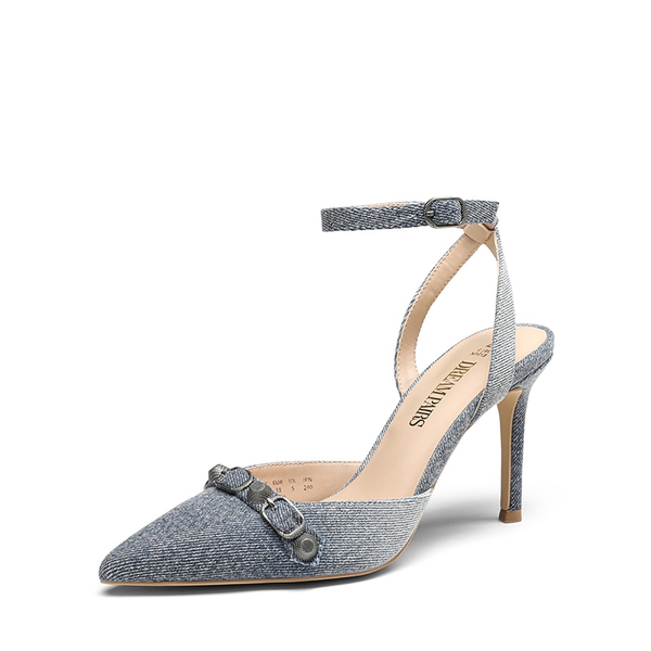 Pointed Toe Ankle Strap Stiletto Pumps - DENIM BLUE -  0