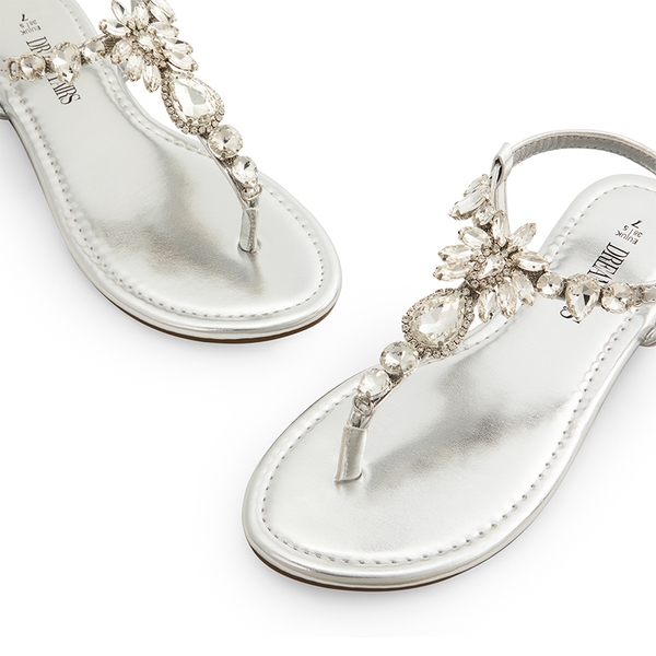 Rhinestone T-Strap Flat Sandals - SILVER - 4