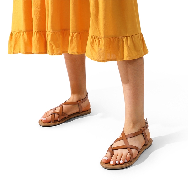 Strappy Thong Flat Sandals - BROWN - 6