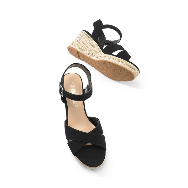 Espadrille Criss Cross Wedge Sandals - BLACK-NUBUCK - 5