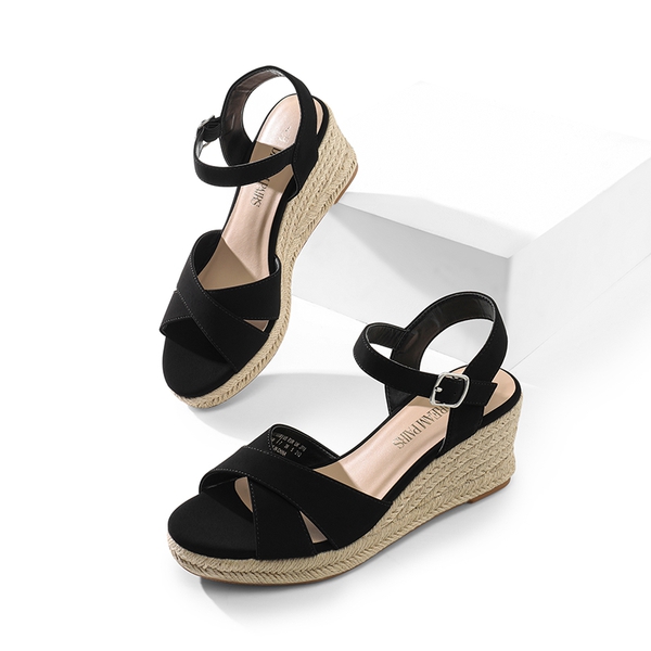 Espadrille Criss Cross Wedge Sandals - BLACK-NUBUCK - 6