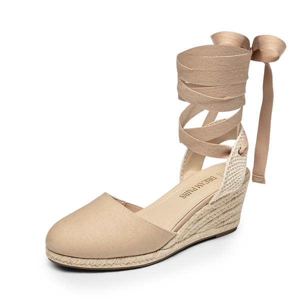 Lace Up Espadrilles Wedge Sandals - NUDE-CANVAS -  0