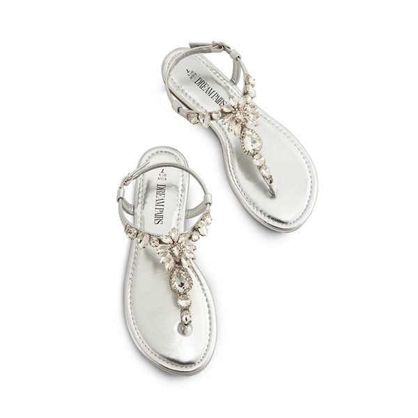 Rhinestone T-Strap Flat Sandals - SILVER - 3