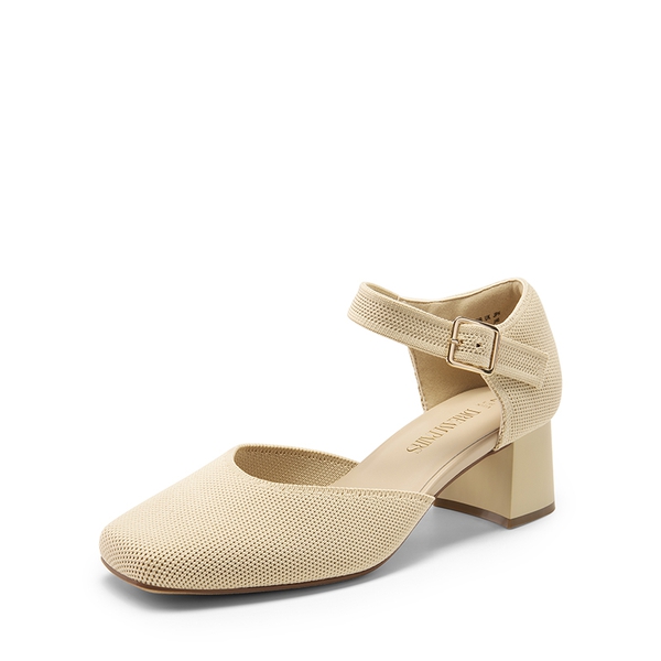 Square Toe Knitted Block Heel Pumps - APRICOT -  0