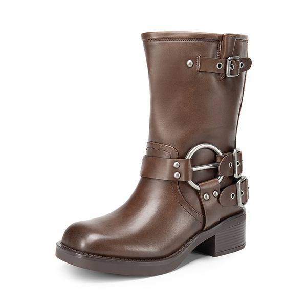 Buckles Motorcycle Mid-Calf Boots - TAN -  0