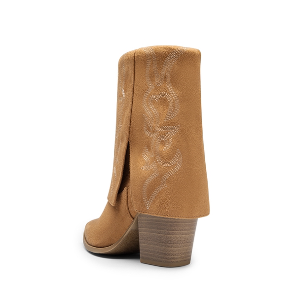 Fold Over Embroidered Cowgirl Boots - BROWN-SUEDE - 2