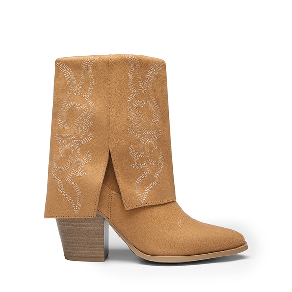 Fold Over Embroidered Cowgirl Boots - BROWN-SUEDE - 1