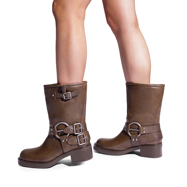 Buckles Motorcycle Mid-Calf Boots - TAN - 1