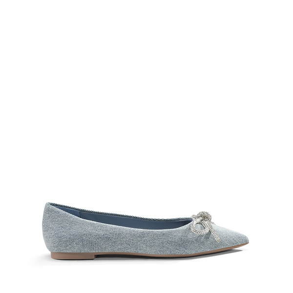 Rhinestone Bow Pointed Toe Flats - DENIM BLUE - 4