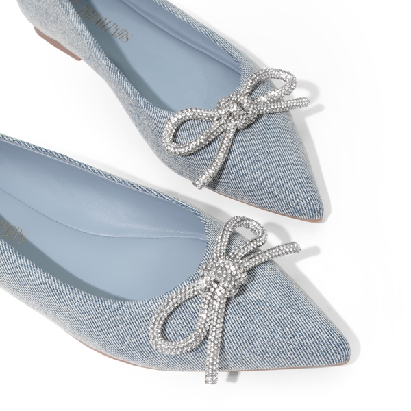 Rhinestone Bow Pointed Toe Flats - DENIM BLUE - 6