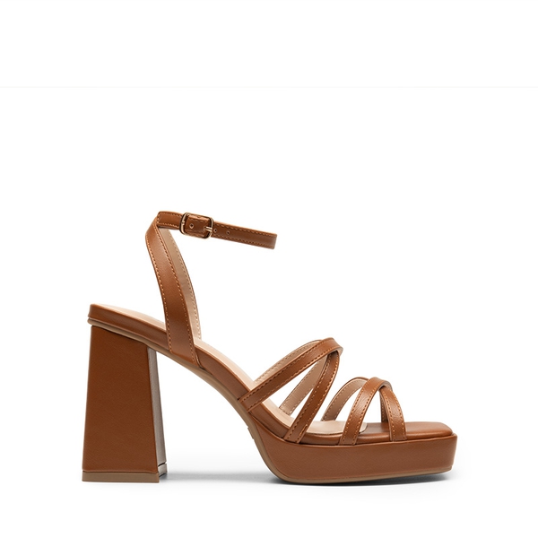 Strappy Platform Block Heel Sandals - COGNAC - 3