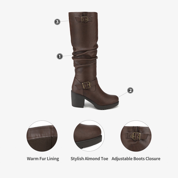 Chunky Heel Knee High Boots - BROWN - 4