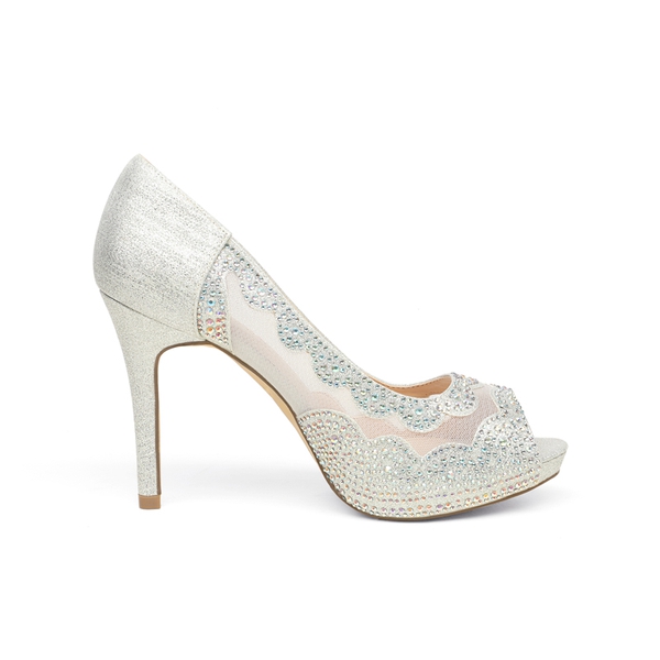 Open Toe Rhinestone Pump Heel Sandals - SILVER - 1