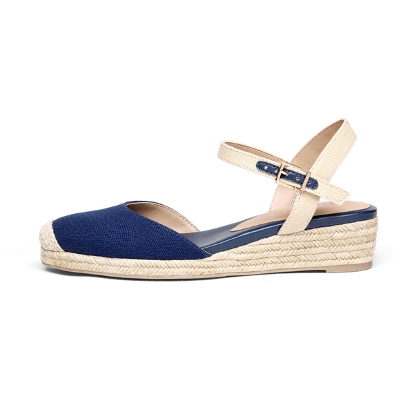 Ankle Strap Closed-Toe Espadrille Wedges - NAVY - 1