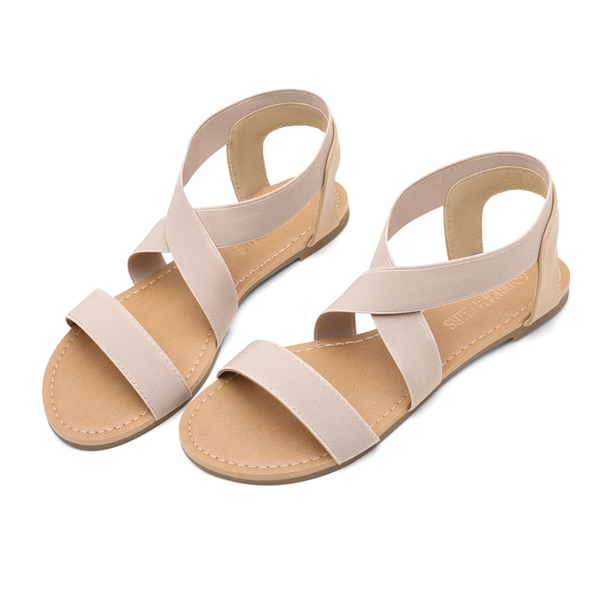 Elastic Ankle Strap Flat Sandals - NUDE - 2