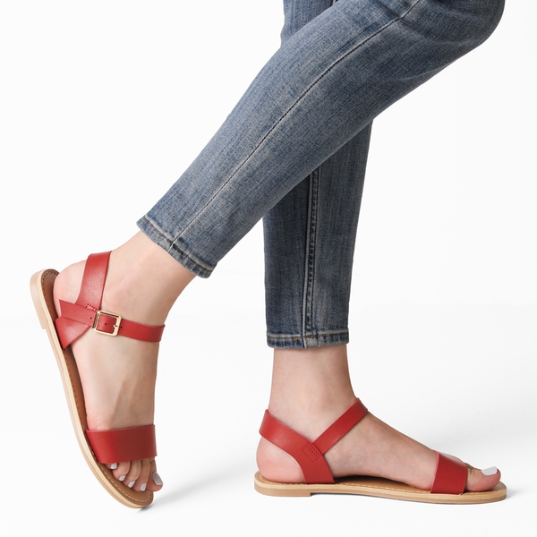 Ankle Strap Open Toe Flat Sandals - RED - 1