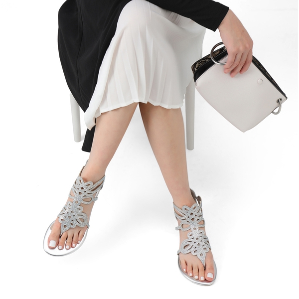 Gladiator Rhinestones Flat Sandals - SILVER - 1