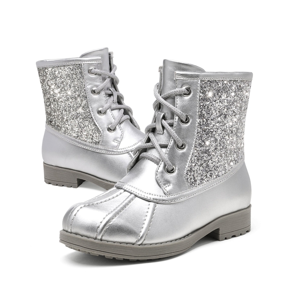 Girls Side Zipper Leather Glitter Boots - SILVER - 4