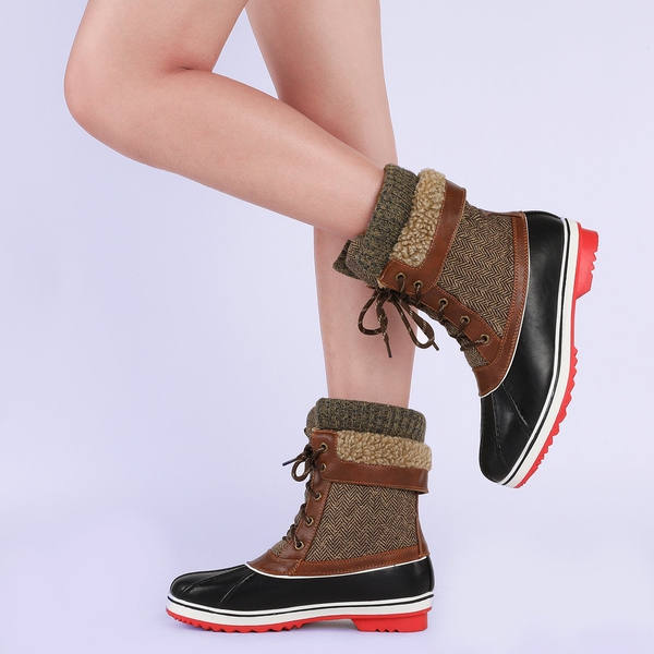 Mid Calf Lace Up Snow Boots - BROWN - 1