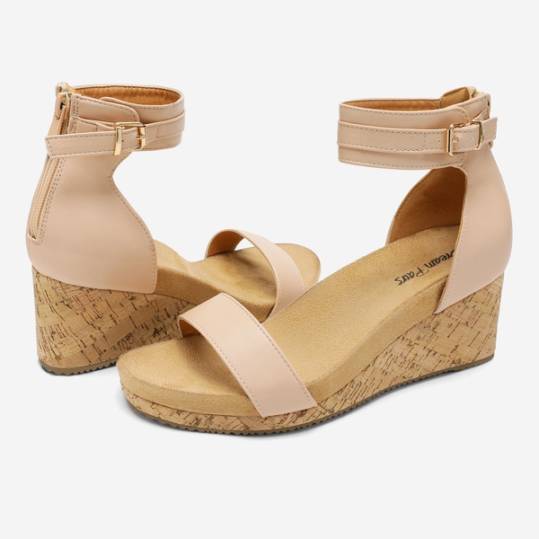 Ankle Strap Platform Wedge Sandals - NUDE - 2