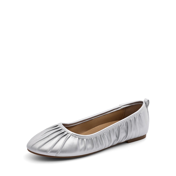 Pleated Round Toe Ballet Flats - SILVER -  0