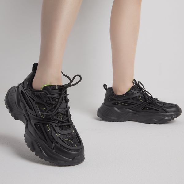 Chunky Platform Lace-up Sneakers - BLACK - 1