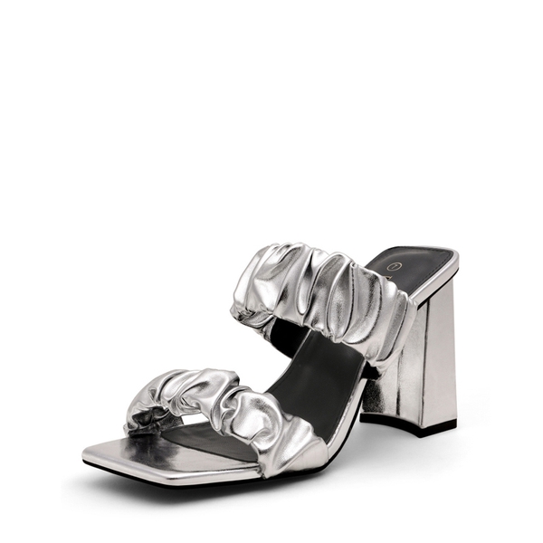 Women's Square Toe Strap Chunky Heel Mules - SILVER -  0