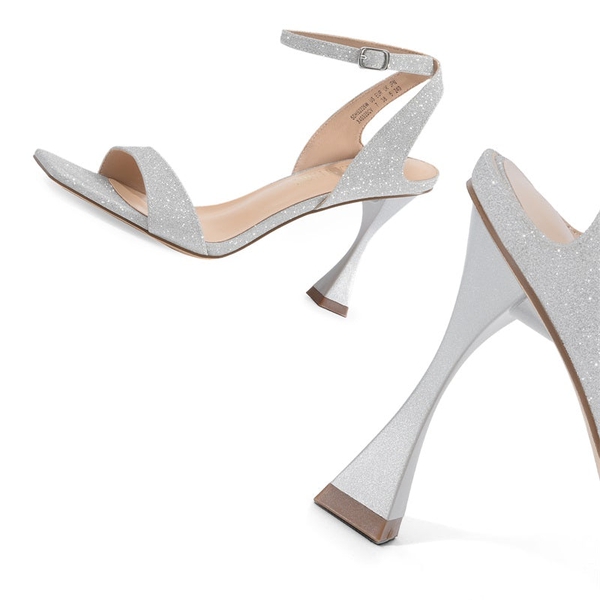 Square Toe Ankle Strap Stiletto Sandals  - SILVER - 3